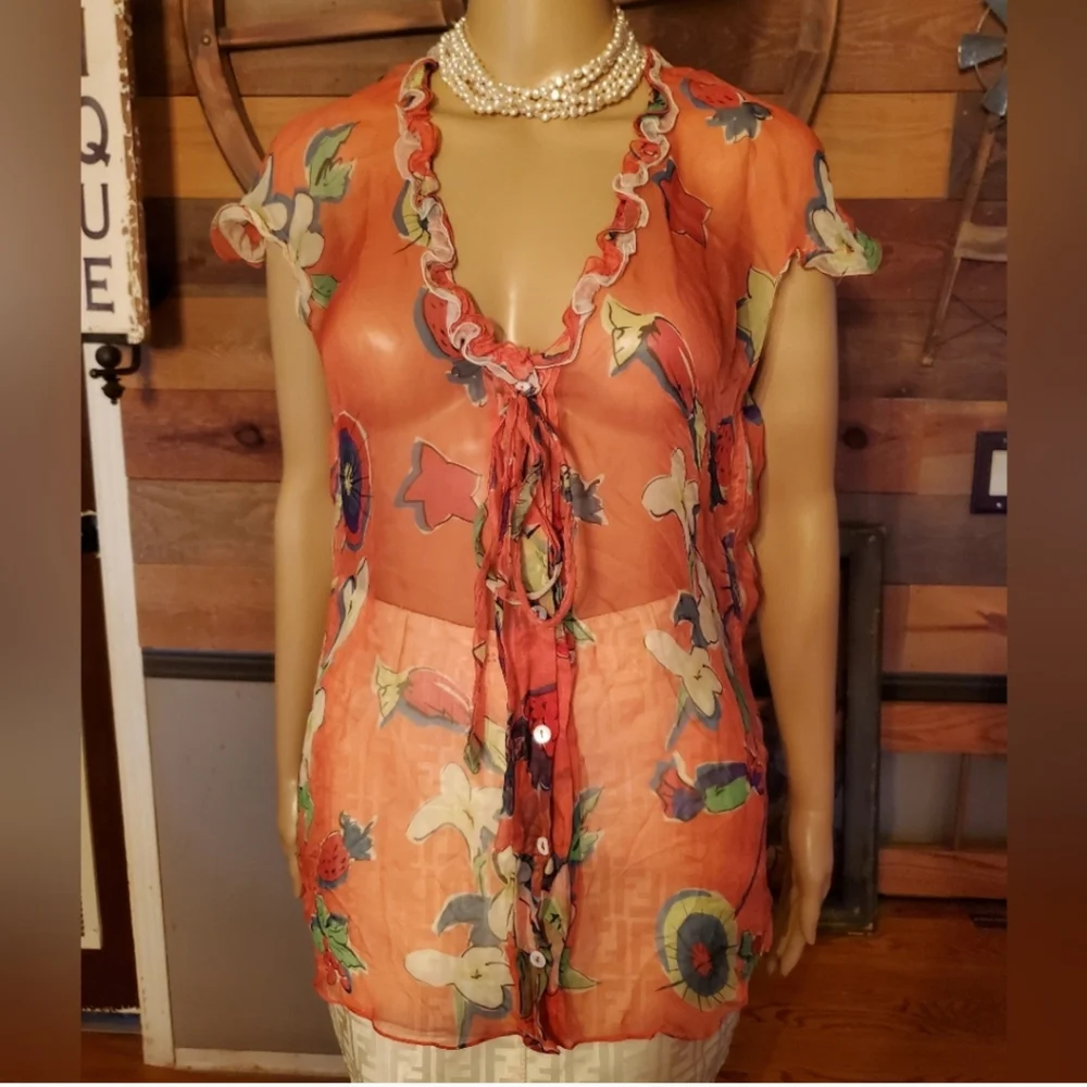 Dolce & Gabbana Red Floral Silk Semi Sheer Blouse - Picture 12 of 12